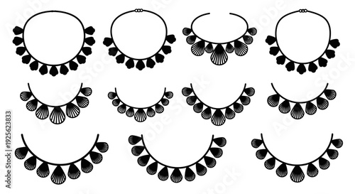 A collection of nine black ornate hoop necklaces illustrated in a distinct silhouette on transparent background high quality professional