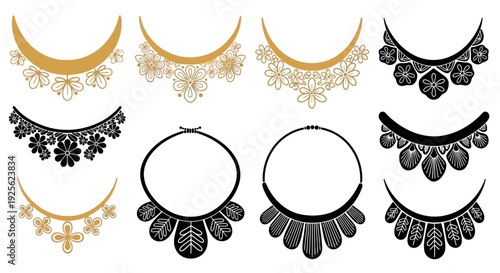 An assortment of ornate jewelry necklace designs including gold and black variations on transparent background silhouette high quality professional