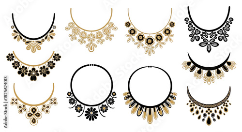 A collection of eight elegant necklace designs in black and gold perfect for creative projects on transparent background silhouette
