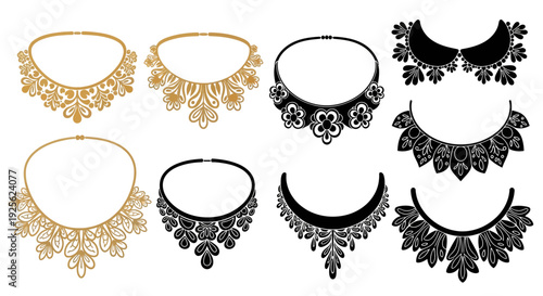 A collection of ornate gold and black necklaces presented in varying designs on transparent background silhouette high quality professional