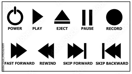 Foto Electronic symbols icons power, play, eject, pause, record, fast forward, rewind