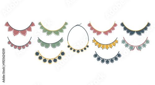 A collection of colorful beaded necklace illustrations differing in shape and style on transparent background silhouette high quality professional