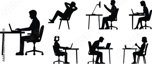 Silhouette workers, desk activities, laptop users, study posture, office ergonomics, productivity, remote work, writing, drawing, focus, concentration, relaxation,