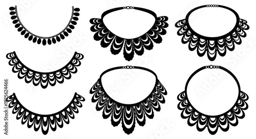 A collection of six ornate black necklace designs arranged in a grid presented on transparent background silhouette high quality