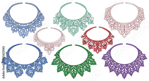 An assortment of ornate colorful necklace designs presented as silhouettes on transparent background high quality professional detailed modern elegant