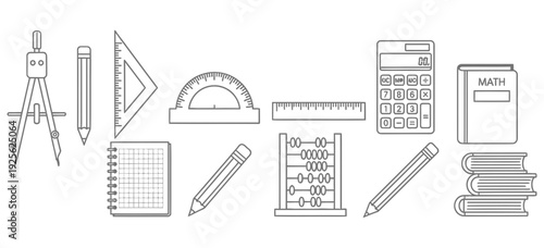 Collection of school or office supplies with various mathematical instruments and stationery arranged neatly for educational or business purposes on a simple white background.