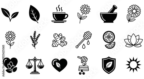 Collection of black icons representing wellness and health on a white background showcasing various elements of a healthy lifestyle