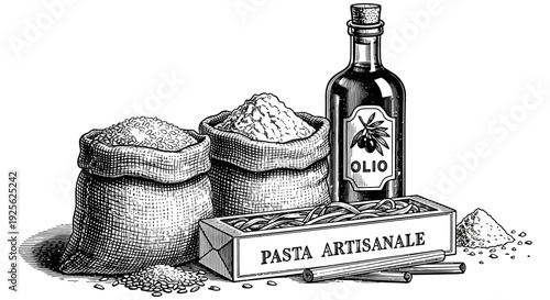 Artisanal Italian ingredients including pasta and olive oil displayed in traditional baskets and a vintage bottle