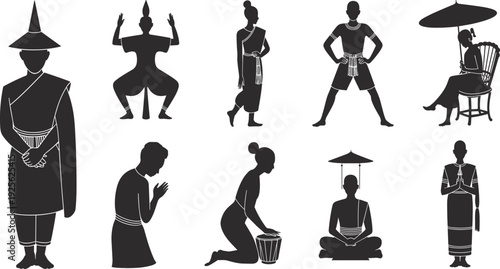 Traditional Southeast Asian silhouettes, cultural attire, ceremonial dance, meditation, prayer, greeting, umbrella, heritage, spirituality