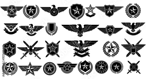 Collection of black and white military rank insignia symbols on a white background for various military branches and ranks