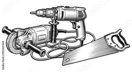 Drill and saw displayed together showcasing power tools commonly used in construction projects and home improvement tasks effectively