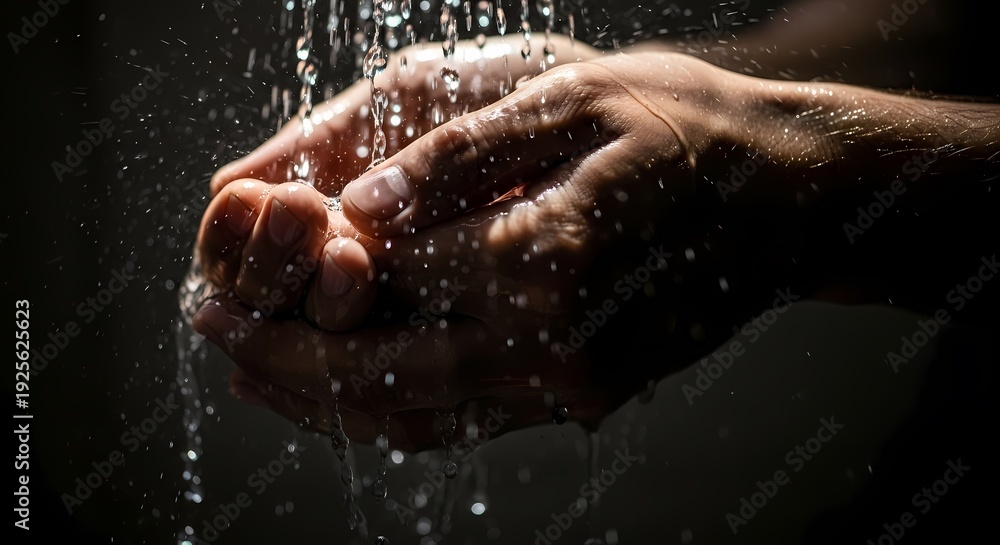 Fototapeta premium Hands cupped under running water with droplets falling.