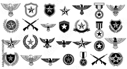 Collection of various black and white military insignia emblems and badges on a white background symbolizing military honor and service