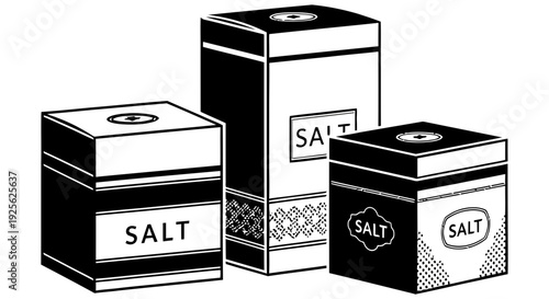 Three salt containers with different designs for storing salt neatly and accessibly in the kitchen for cooking and seasoning various dishes and recipes.