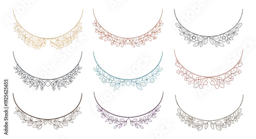 An assortment of delicate necklace silhouettes in gold silver rose gold and pastel shades on transparent background high quality