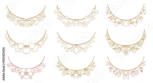 Nine delicate necklace designs featuring floral and gemstone details presented as a graphic silhouette on transparent background high quality