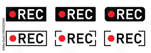 Recording or REC icon Set isolated on white background.  White and black text REC symbol. Red symbol, button of recording video.