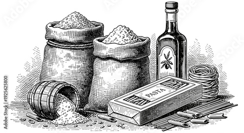 Vintage illustration of flour sacks, bottle of extract, and baking ingredients on a wooden surface showcasing traditional baking supplies and old-fashioned cooking essentials.