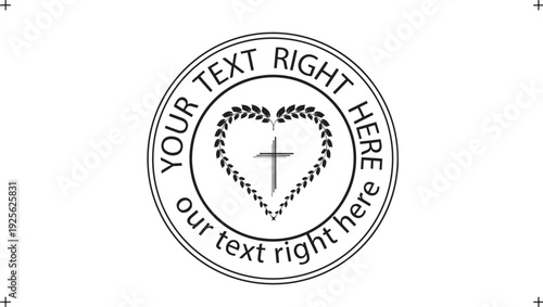 Stamp round emblem with heart laurel wreath and cross in center, editable circular badge template with custom text space, minimal black line logo on white background