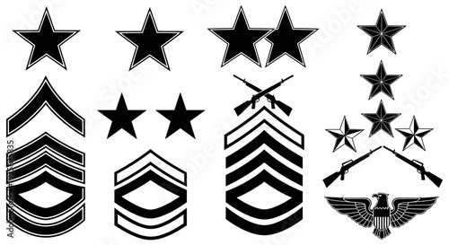 Set of black and white illustrations depicting various military ranks and insignia for different branches and positions