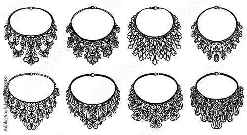 A collection of six ornate black necklaces displayed in a grid pattern on transparent background silhouette high quality professional