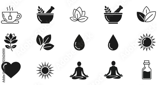 Collection of simple black icons representing wellness, health, and relaxation on a clean white background for spa and self care designs