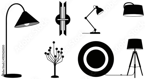 Collection of modern black home decor items and furniture including lamps and decorative pieces