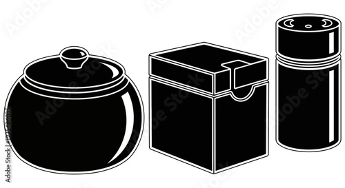 Three black kitchen storage containers with lids shown in a simple graphic illustration style side by side against a white background