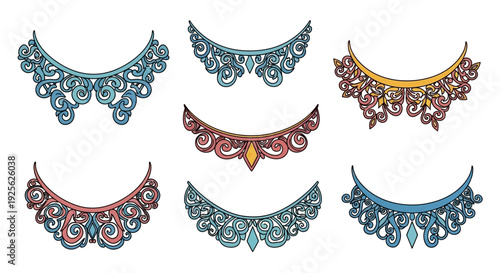 A collection of six ornate decorative necklace designs in varying colors on transparent background silhouette high quality professional detailed