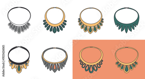 A collection of four unique necklace designs showcasing elegant shapes and colors on transparent background silhouette high quality professional