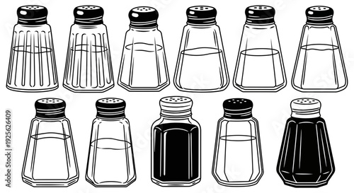 Collection of various empty and filled glass bottles with different caps and lids displayed in a neat arrangement on a plain white background