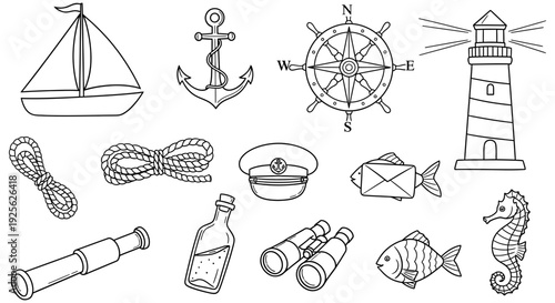 Nautical themed illustrations featuring sailboat, lighthouse, and various marine elements like anchor, compass, and sea creatures in simple black and white design perfect for maritime design projects.