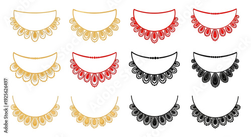 A collection of eight ornate colorful necklace silhouettes with intricate detailing on transparent background high quality professional detailed modern