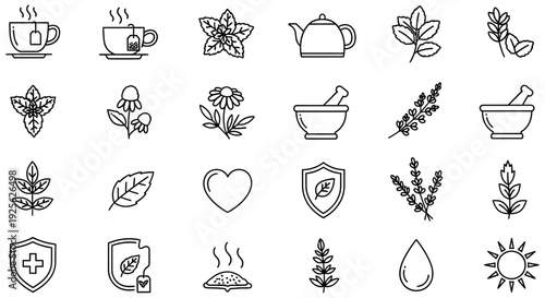 Simple line icons for wellness and nature products on a clean white background representing health and tranquility beautifully