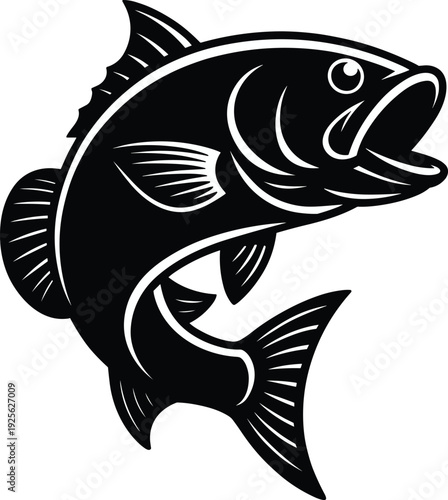 Jumping fish vector illustration, detailed fishing sport logo design, aquatic wildlife silhouette isolated on white background