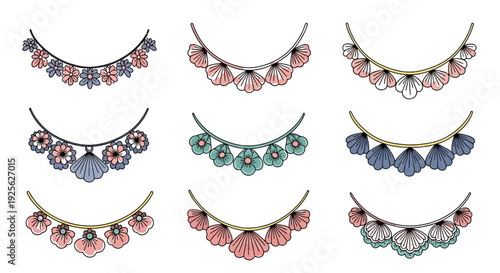 Nine detailed floral necklace designs are showcased in a repeating pattern on transparent background silhouette high quality professional modern