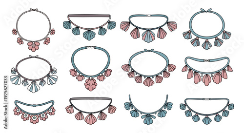 A collection of nine hand drawn necklace designs in varying styles ideal for fashion applications on transparent background silhouette