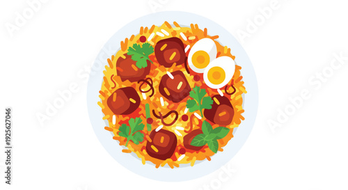 Overhead view of a plate of spicy Korean bibimbap with rice, meatballs, vegetables, and eggs against a white background.
