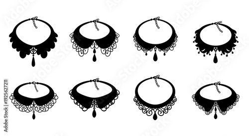 A collection of eight black ornate lace collar designs presented in varying styles on transparent background silhouette high quality
