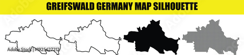 Greifswald Germany map silhouette designs including solid black fill thin stroke outline and decorative halftone dots