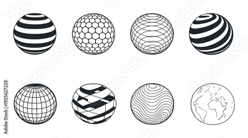 Patterned sphere icons arranged on dark gradient background