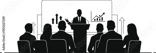 Business conference presentation with professional speaker addressing audience during corporate meeting, leadership training seminar, data growth strategy discussion illustration concept