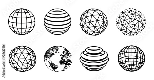 Multiple wireframe and striped globe icons arranged on dark background
