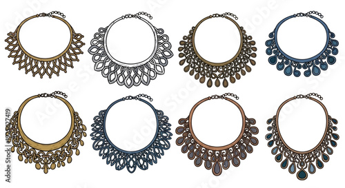 A collection of six ornate necklaces in varying shades presented as a design element on transparent background silhouette