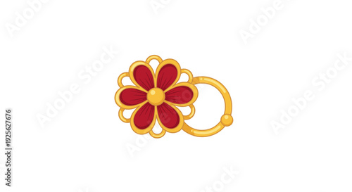 A detailed illustration of a golden nose ring shaped like a red flower perfect for design projects on transparent background