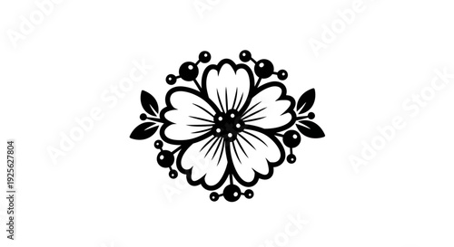 A delicate floral design featuring a five petal blossom surrounded by leaves and berries on transparent background silhouette high quality