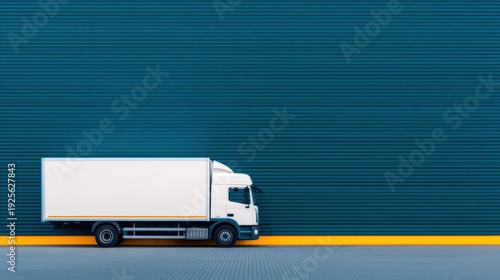 Trade policy impact, A white delivery truck is parked on a gray road with a yellow line in front of a large blue corrugated metal wall.