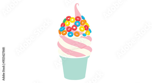 Colorful cartoon-style illustration of a swirled ice cream cone topped with cereal pieces against a plain white background.