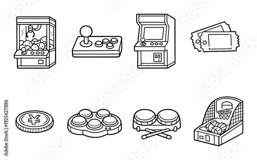 Arcade game equipment and tokens arranged on gray background