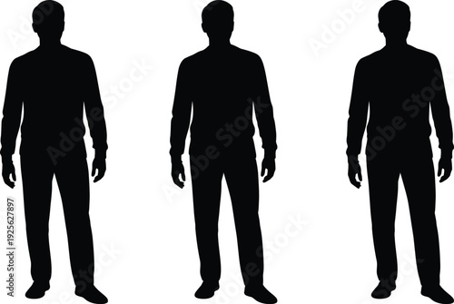 Standing man silhouette set vector illustration, male figure front view pose collection isolated on white background